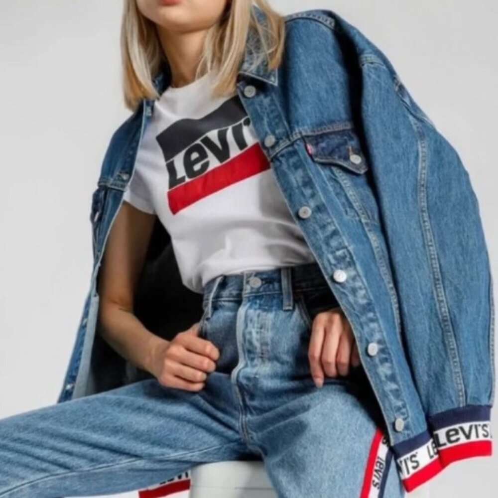 Levi's Oversized Denim Premium  Bomber Jacket Red White Blue Levi's Logo Ribbing